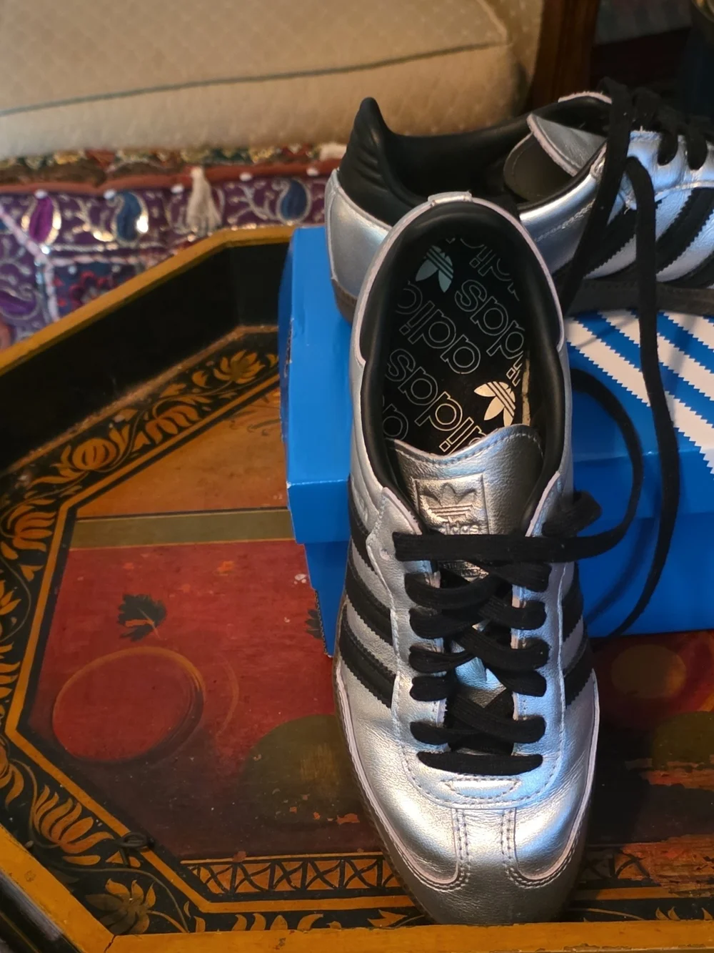 adidas Silver Samba Sneakers with Black Stripes